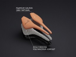 The new Prologo saddle made of salmon and rice will be available for purchase in stores and restaurants