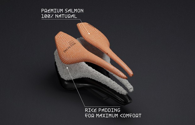 The new Prologo saddle made of salmon and rice will be available for purchase in stores and restaurants