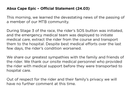 Tragedy at the Absa Cape Epic 2025: a rider dies during the competition