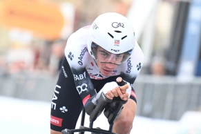 Primoz Roglic wears pink in the Giro d'Italia after a time trial won by Joshua Tarling
