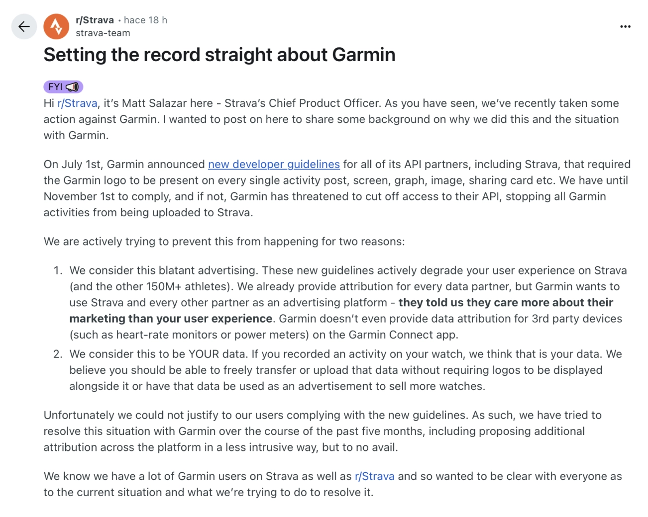 Strava advierte que Garmin podría bloquear la conexión a partir del 1 de noviembre