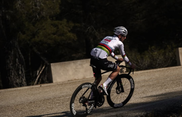The UAE Team uses a motorcycle to protect Pogačar during his training sessions