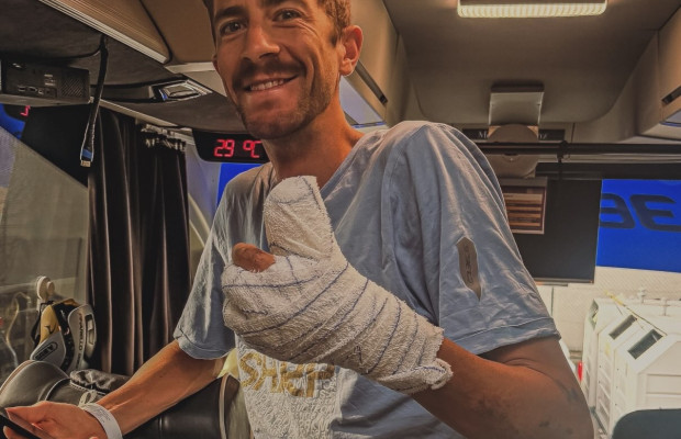 Chris Harper loses part of his thumb after his crash in the Tour