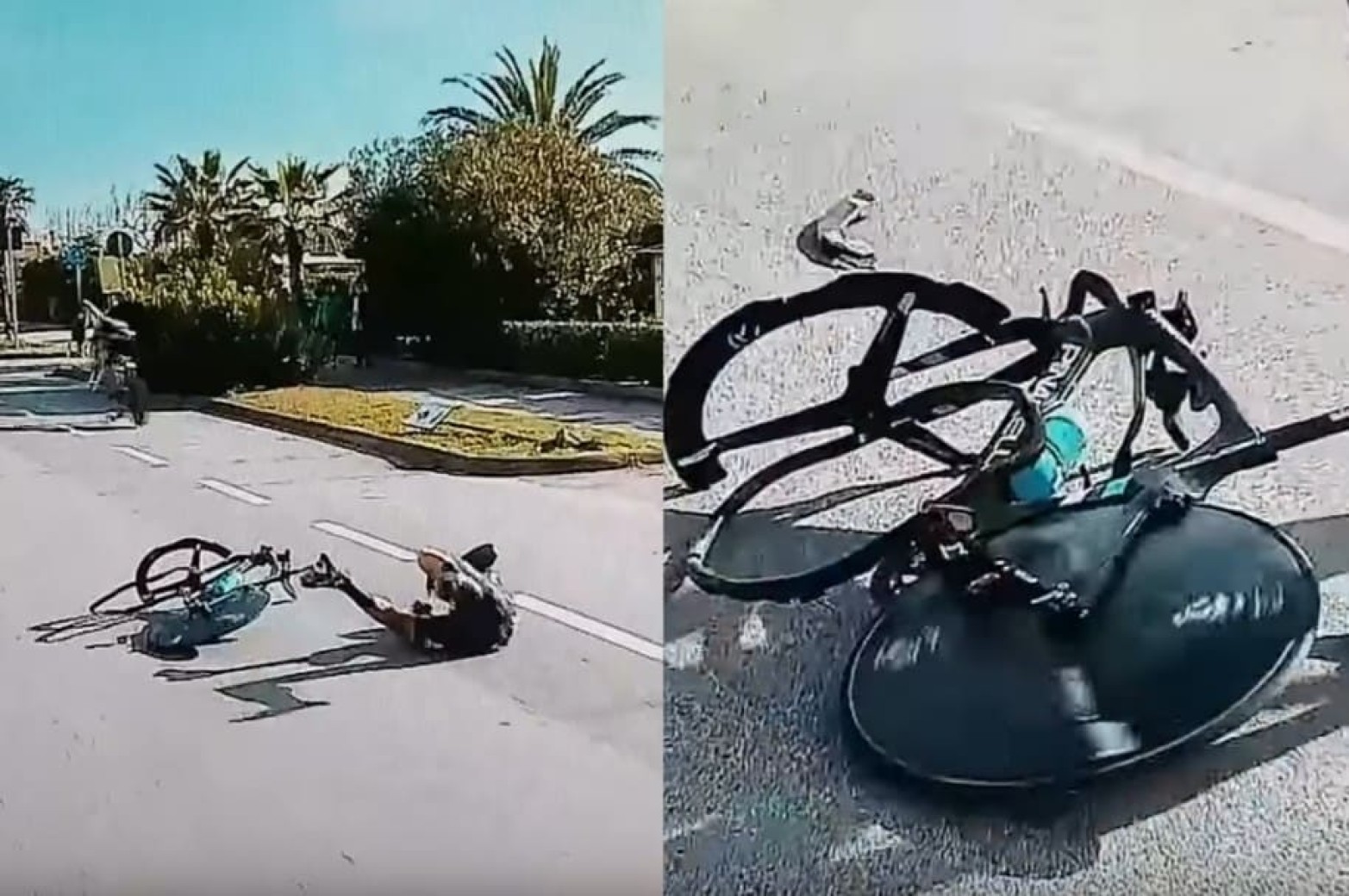 La rueda delantera de carbono de Gianni Moscon se parte en plena carrera