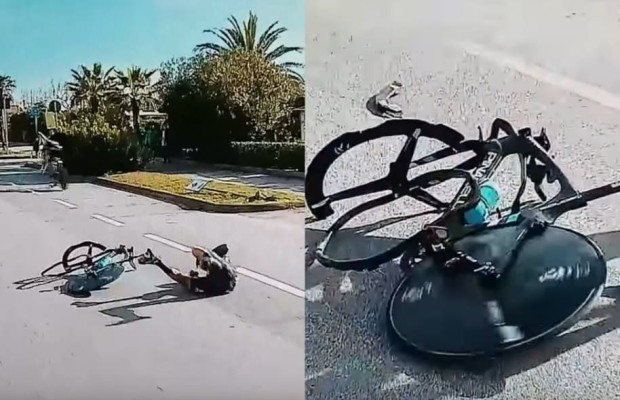 La rueda delantera de carbono de Gianni Moscon se parte en plena carrera