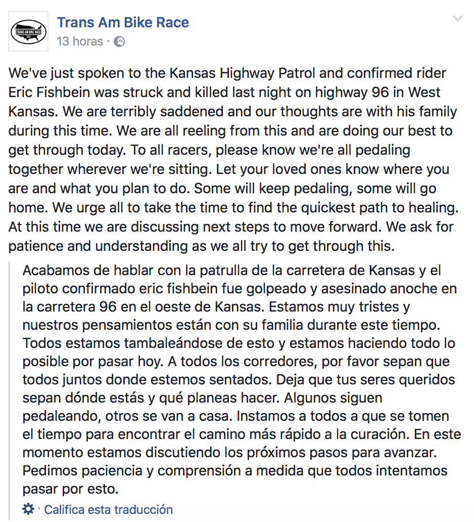 atropello Trans Am Bike Race