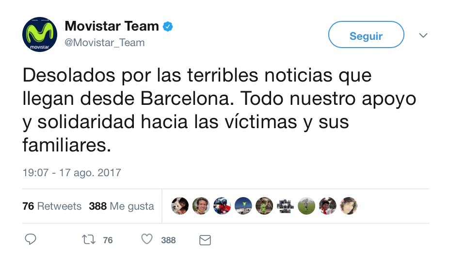 El mundo del ciclismo se une contra el terrorismo tras el atentado de Barcelona