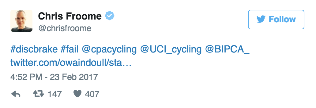 Un ciclista del Team Sky sufre un corte por un freno de disco en el Abu Dhabi Tour