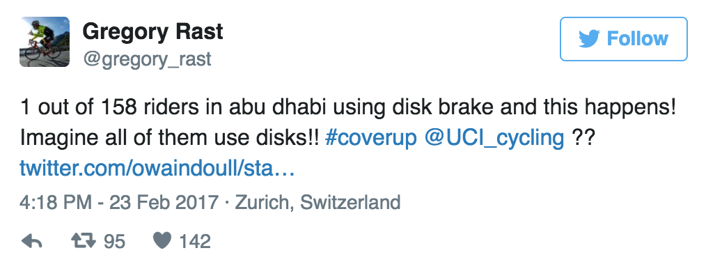 Un ciclista del Team Sky sufre un corte por un freno de disco en el Abu Dhabi Tour